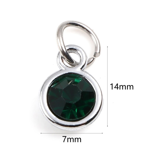 Image de Breloques Pierres de Naissance en Alliage de zinc+Verre Rond Argent Mat Vert Foncé mai 14mm x 7mm, 10 Pcs