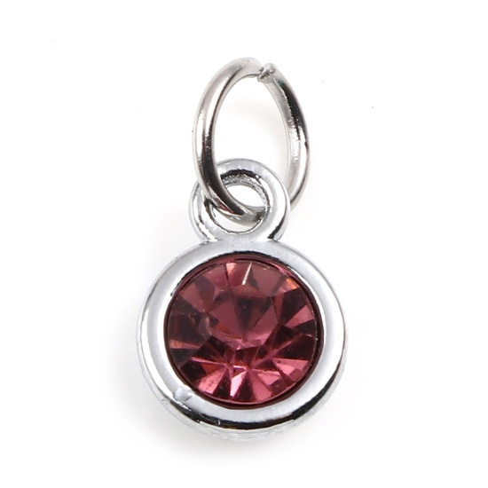 Image de Breloques Pierres de Naissance en Alliage de zinc+Verre Rond Argent Mat Mauve juin 14mm x 7mm, 10 Pcs