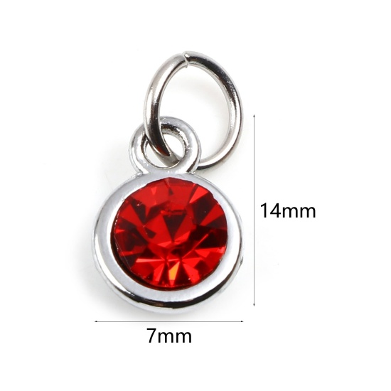 Image de Breloques Pierres de Naissance en Alliage de zinc+Verre Rond Argent Mat Rouge juillet 14mm x 7mm, 10 Pcs