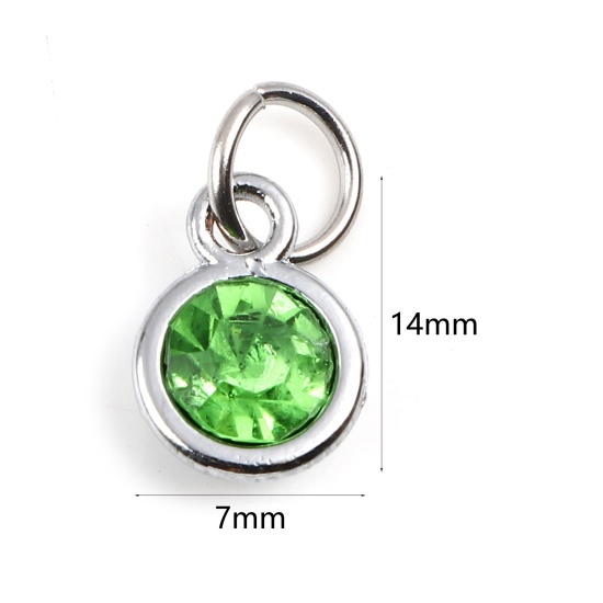 Image de Breloques Pierres de Naissance en Alliage de zinc+Verre Rond Argent Mat Vert août 14mm x 7mm, 10 Pcs