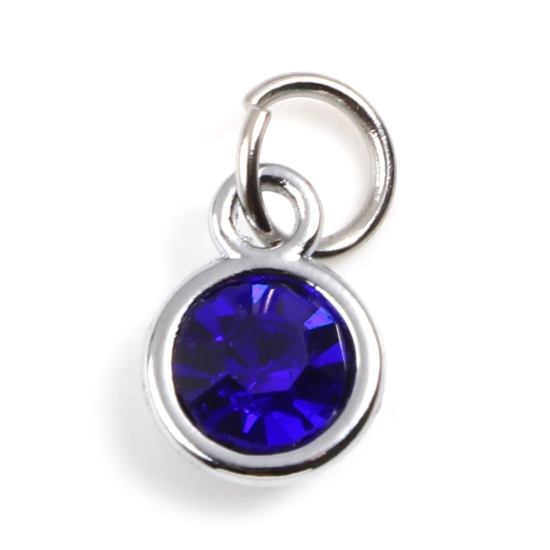 Image de Breloques Pierres de Naissance en Alliage de zinc+Verre Rond Argent Mat Saphir septembre 14mm x 7mm, 10 Pcs