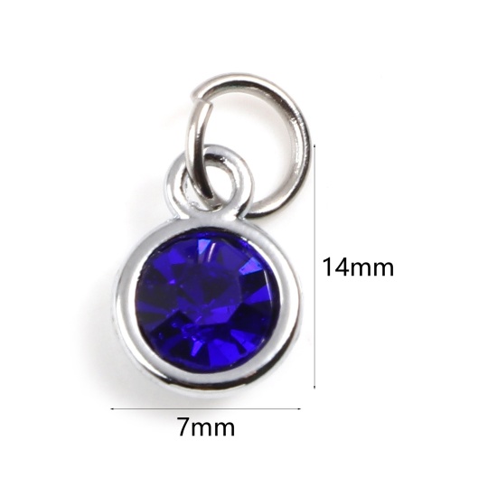 Image de Breloques Pierres de Naissance en Alliage de zinc+Verre Rond Argent Mat Saphir septembre 14mm x 7mm, 10 Pcs