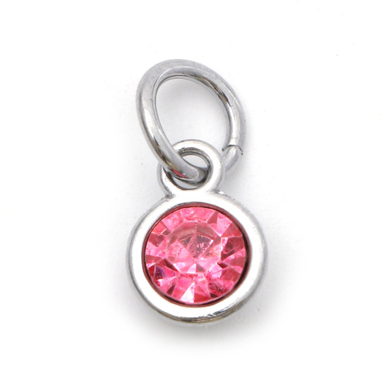 Image de Breloques Pierres de Naissance en Alliage de zinc+Verre Rond Argent Mat Rose octobre 14mm x 7mm, 10 Pcs