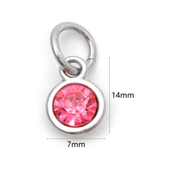 Image de Breloques Pierres de Naissance en Alliage de zinc+Verre Rond Argent Mat Rose octobre 14mm x 7mm, 10 Pcs