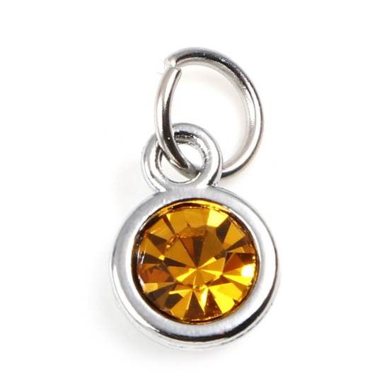 Image de Breloques Pierres de Naissance en Alliage de zinc+Verre Rond Argent Mat Orange novembre 14mm x 7mm, 10 Pcs