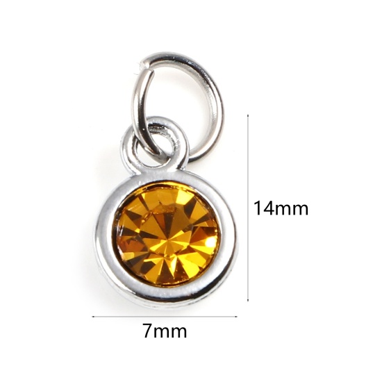 Image de Breloques Pierres de Naissance en Alliage de zinc+Verre Rond Argent Mat Orange novembre 14mm x 7mm, 10 Pcs