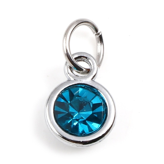 Image de Breloques Pierres de Naissance en Alliage de zinc+Verre Rond Argent Mat Bleu Lac décembre 14mm x 7mm, 10 Pcs