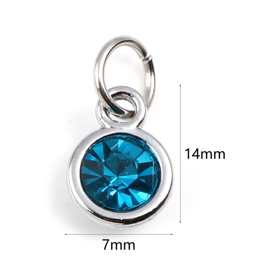 Image de Breloques Pierres de Naissance en Alliage de zinc+Verre Rond Argent Mat Bleu Lac décembre 14mm x 7mm, 10 Pcs