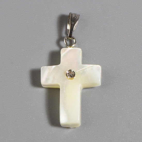 Picture of Natural Shell Religious Pendants Silver Tone Cross Creamy-White Clear Rhinestone 30mm x 15mm, 5 PCs