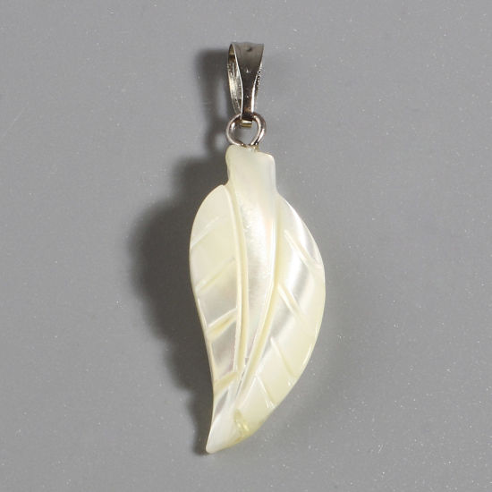 Picture of Natural Shell Pendants Silver Tone Feather Creamy-White 34mm x 10mm, 5 PCs