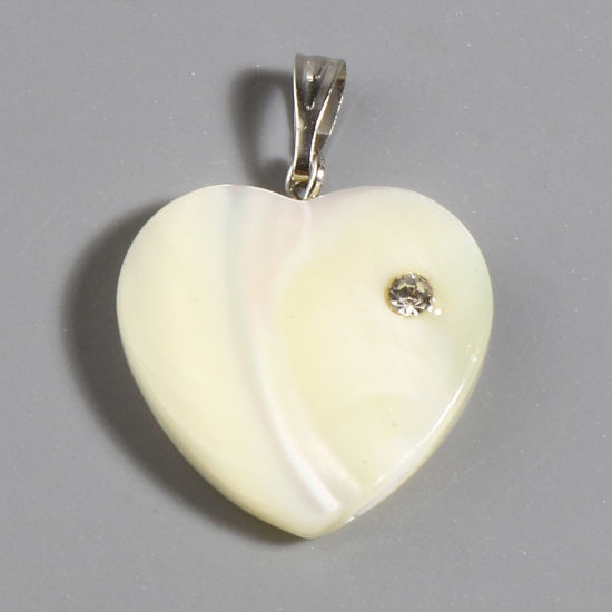 Picture of 5 PCs Natural Shell Valentine's Day Charm Pendant Silver Tone Heart Creamy-White Clear Rhinestone 29mm x 20mm
