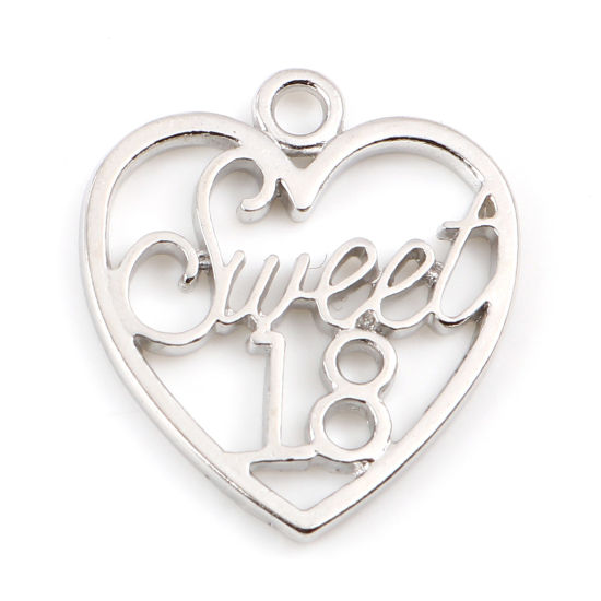 Immagine di Lega di Zinco Charms Cuore Tono Argento Lettere " Sweet 18 " Filigrana 21mm x 19mm , 20 Pz