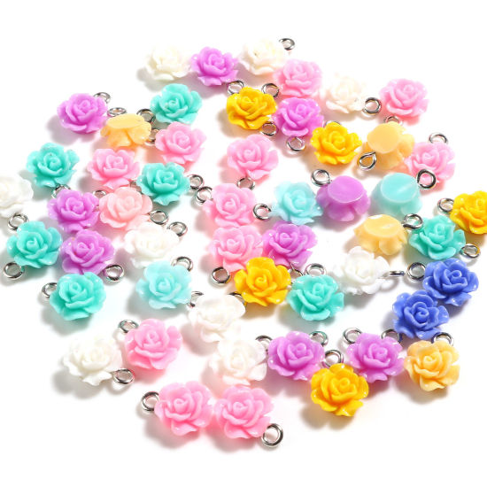Picture of Resin Valentine's Day Charms Rose Flower Silver Tone At Random Color Mixed 13mm x 10mm, 20 PCs