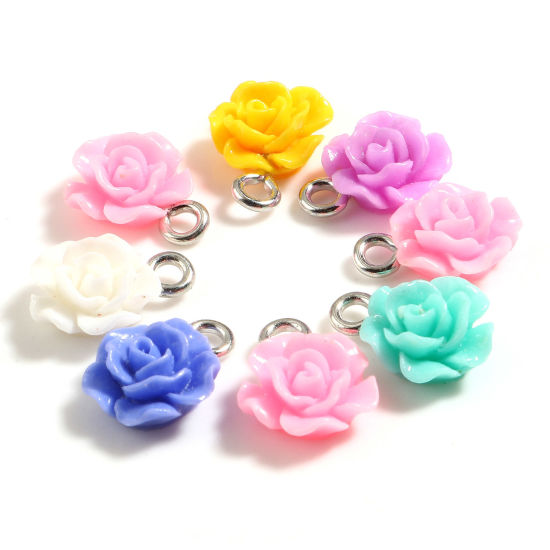 Picture of Resin Valentine's Day Charms Rose Flower Silver Tone At Random Color Mixed 13mm x 10mm, 20 PCs
