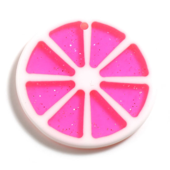 Picture of Resin Pendants Orange Fruit Fuchsia Glitter 35mm Dia. 5 PCs