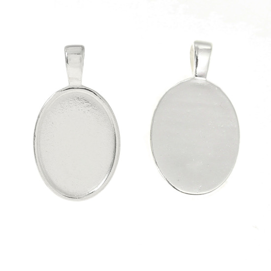 Picture of Zinc Based AlloyCabochon Setting Pendants Oval Silver Plated (Fits 25mm x 18mm) 37mm x 21mm, 10 PCs