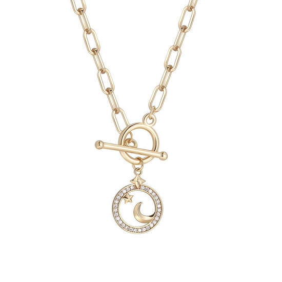 Imagen de 1 Unidad Enchapado al Vacío Ecológico Elegante Galaxia 18K Oro Real Chapado Latón & Brillantito Catena di Fermagli Luna Media Estrella Collar con Colgante Para Mujeres Fiesta 51cm longitud