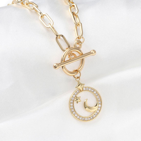 Imagen de 1 Unidad Enchapado al Vacío Ecológico Elegante Galaxia 18K Oro Real Chapado Latón & Brillantito Catena di Fermagli Luna Media Estrella Collar con Colgante Para Mujeres Fiesta 51cm longitud