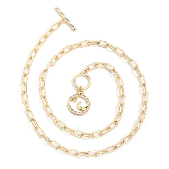 Imagen de 1 Unidad Enchapado al Vacío Ecológico Elegante Galaxia 18K Oro Real Chapado Latón & Brillantito Catena di Fermagli Luna Media Estrella Collar con Colgante Para Mujeres Fiesta 51cm longitud