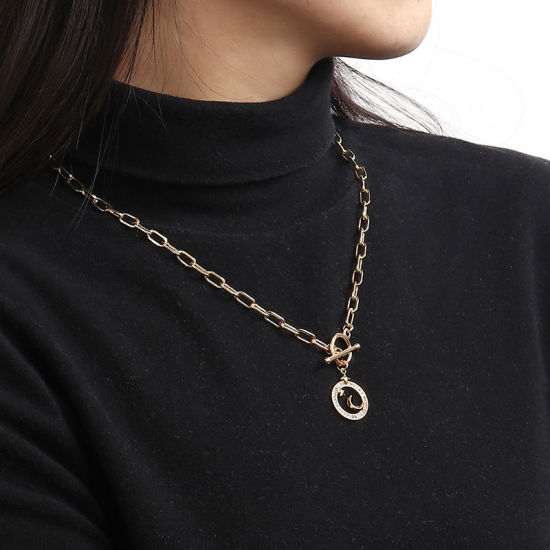 Imagen de 1 Unidad Enchapado al Vacío Ecológico Elegante Galaxia 18K Oro Real Chapado Latón & Brillantito Catena di Fermagli Luna Media Estrella Collar con Colgante Para Mujeres Fiesta 51cm longitud
