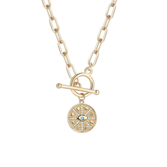 Imagen de 1 Unidad Enchapado al Vacío Ecológico Elegante Religión 18K Oro Real Chapado Latón & Brillantito Catena di Fermagli Ronda Mal de ojo Imitación de turquesa Collar con Colgante Para Mujeres Fiesta 51cm longitud