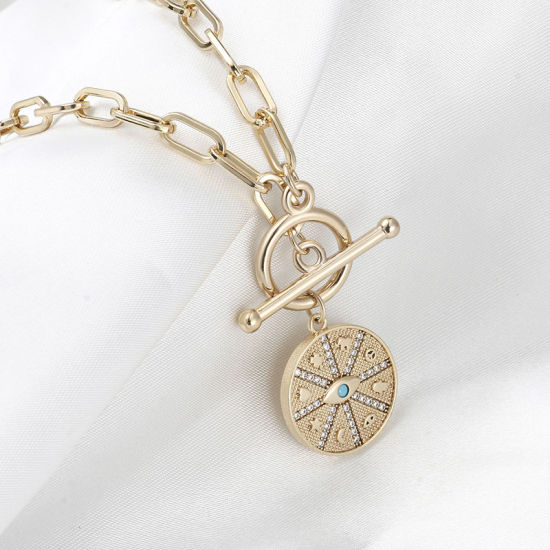 Imagen de 1 Unidad Enchapado al Vacío Ecológico Elegante Religión 18K Oro Real Chapado Latón & Brillantito Catena di Fermagli Ronda Mal de ojo Imitación de turquesa Collar con Colgante Para Mujeres Fiesta 51cm longitud