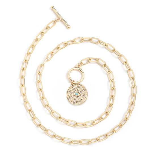 Imagen de 1 Unidad Enchapado al Vacío Ecológico Elegante Religión 18K Oro Real Chapado Latón & Brillantito Catena di Fermagli Ronda Mal de ojo Imitación de turquesa Collar con Colgante Para Mujeres Fiesta 51cm longitud