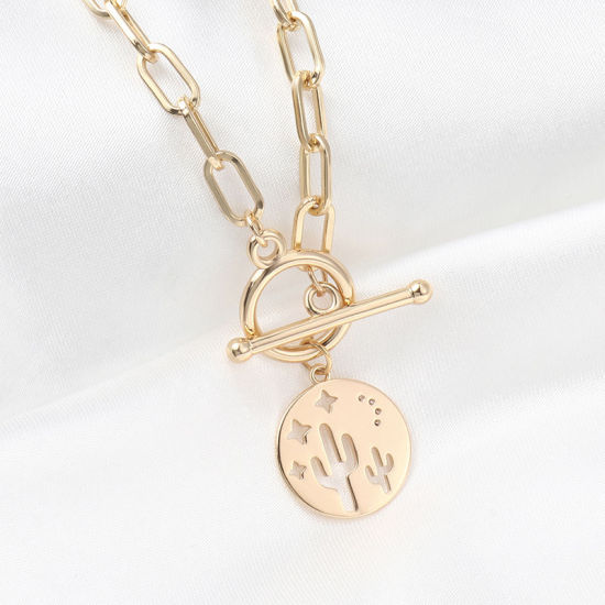 Imagen de 1 Unidad Enchapado al Vacío Ecológico Elegante Sencillo 18K Oro Real Chapado Latón & Brillantito Catena di Fermagli Ronda Cactus Hueco Collar con Colgante Para Mujeres Fiesta 51cm longitud