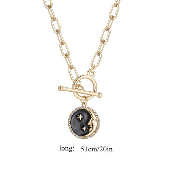 Imagen de 1 Unidad Enchapado al Vacío Ecológico Elegante Galaxia 18K Oro Real Chapado Negro Latón & Brillantito Catena di Fermagli Ronda Luna Esmalte Collar con Colgante Para Mujeres Fiesta 51cm longitud