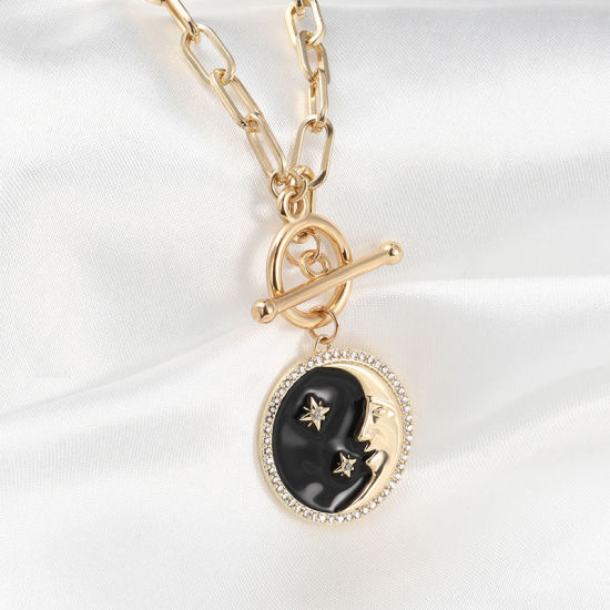 Imagen de 1 Unidad Enchapado al Vacío Ecológico Elegante Galaxia 18K Oro Real Chapado Negro Latón & Brillantito Catena di Fermagli Ronda Luna Esmalte Collar con Colgante Para Mujeres Fiesta 51cm longitud