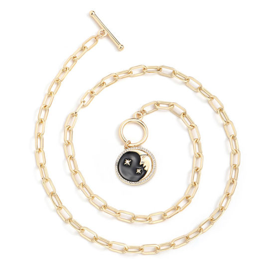 Imagen de 1 Unidad Enchapado al Vacío Ecológico Elegante Galaxia 18K Oro Real Chapado Negro Latón & Brillantito Catena di Fermagli Ronda Luna Esmalte Collar con Colgante Para Mujeres Fiesta 51cm longitud