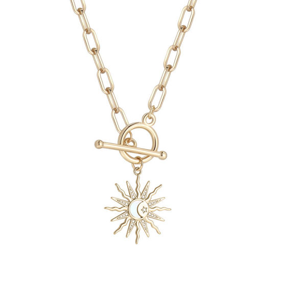 Imagen de 1 Unidad Enchapado al Vacío Ecológico Elegante Galaxia 18K Oro Real Chapado Latón & Brillantito Catena di Fermagli Sol Collar con Colgante Para Mujeres Fiesta 51cm longitud