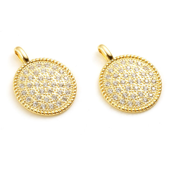 Immagine di Ottone Micro Intarsio Charms Tondo 18K Vero Oro Placcato Trasparente Strass 25mm x 19mm, 1 Pz