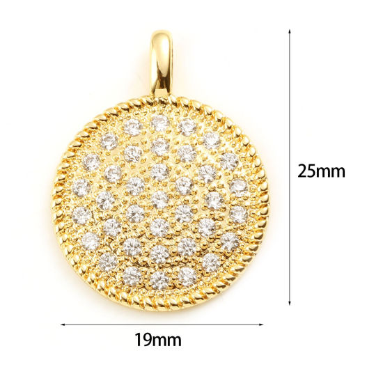 Immagine di Ottone Micro Intarsio Charms Tondo 18K Vero Oro Placcato Trasparente Strass 25mm x 19mm, 1 Pz