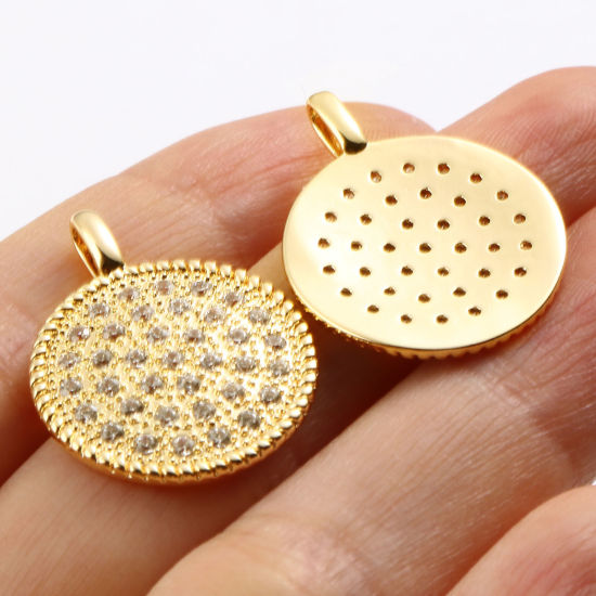 Immagine di Ottone Micro Intarsio Charms Tondo 18K Vero Oro Placcato Trasparente Strass 25mm x 19mm, 1 Pz