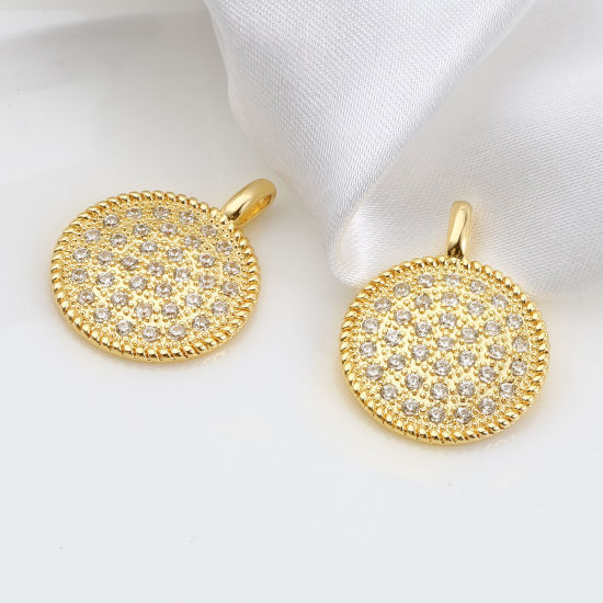Immagine di Ottone Micro Intarsio Charms Tondo 18K Vero Oro Placcato Trasparente Strass 25mm x 19mm, 1 Pz