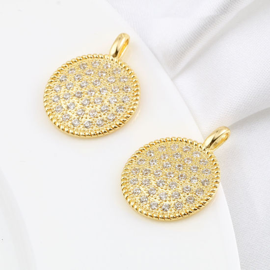 Immagine di Ottone Micro Intarsio Charms Tondo 18K Vero Oro Placcato Trasparente Strass 25mm x 19mm, 1 Pz