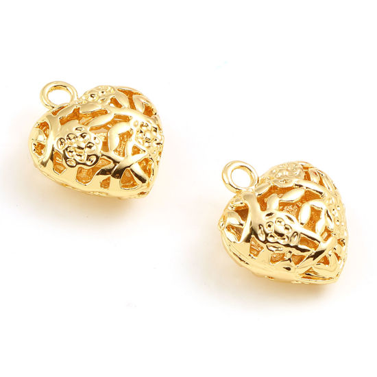 Immagine di Ottone San Valentino Charms Cuore 18K Vero Oro Placcato Fiore 14mm x 13mm, 5 Pz