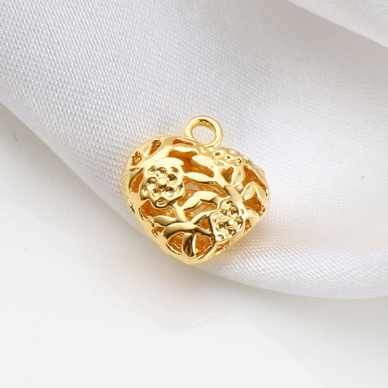 Immagine di Ottone San Valentino Charms Cuore 18K Vero Oro Placcato Fiore 14mm x 13mm, 5 Pz