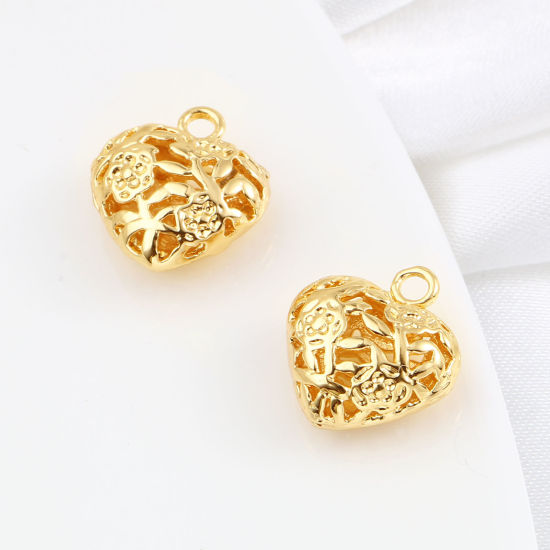 Immagine di Ottone San Valentino Charms Cuore 18K Vero Oro Placcato Fiore 14mm x 13mm, 5 Pz