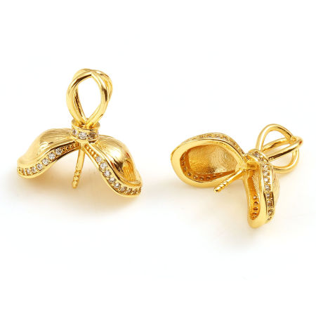 Picture of Brass Micro Pave Pearl Pendant Connector Bail Pin Cap 18K Real Gold Plated Leaf Needle Thickness: 0.8mm, Clear Rhinestone 17mm x 16mm, 1 Piece
