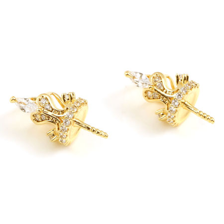 Picture of Brass Micro Pave Pearl Pendant Connector Bail Pin Cap 18K Real Gold Plated Crown Needle Thickness: 0.9mm, Clear Rhinestone 15mm x 8mm, 1 Piece