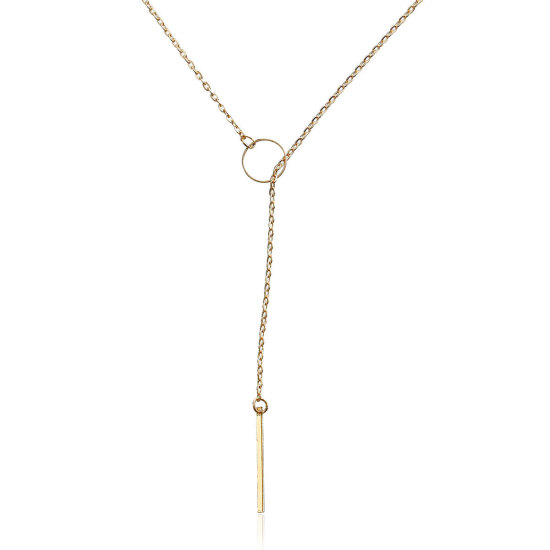 Picture of New Fashion Y Shaped Lariat Necklace Link Cable Chain Gold Plated Circle With Rectangle Pendant 68.8cm(27 1/8") long, 1 Piece