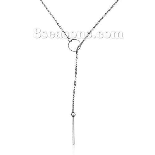 Picture of New Fashion Y Shaped Lariat Necklace Link Cable Chain Silver Tone Circle With Rectangle Pendant 68.8cm(27 1/8") long, 1 Piece