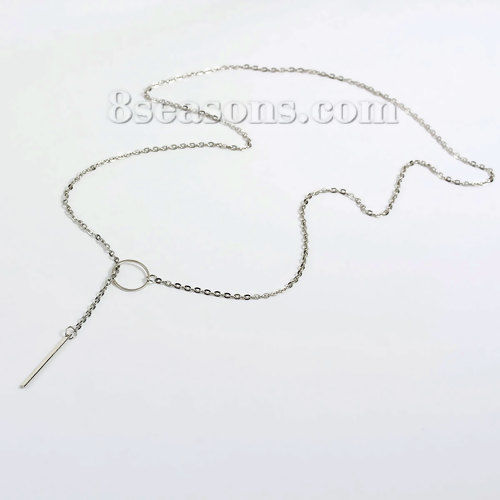 Image de Nouvelle Tendance Collier Lariat en Forme de Y en Alliage de Zinc Argent Mat Cercle avec Pendentif Rectangle 68.8cm long, 1 Pièce
