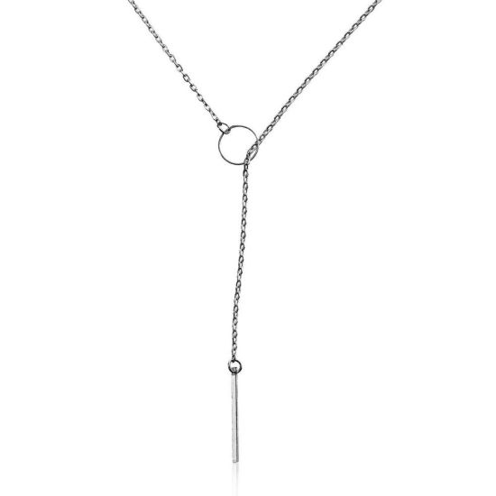 Picture of New Fashion Y Shaped Lariat Necklace Link Cable Chain Silver Tone Circle With Rectangle Pendant 68.8cm(27 1/8") long, 1 Piece
