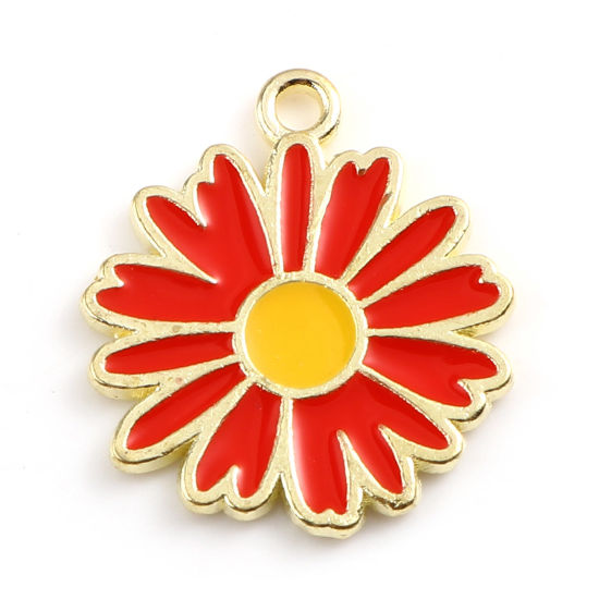 Immagine di Lega di Zinco Charms Fiore Margherita Oro Placcato Rosso Smalto 18mm x 16mm , 20 Pz
