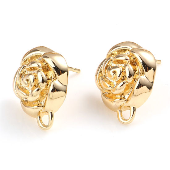 Bild von Messing Ohrring Ohrstecker 18K Echtgold plattiert Rose Message " M/Öse " 16mm x 13mm, Drahtstärke: (21 gauge), 2 Stück