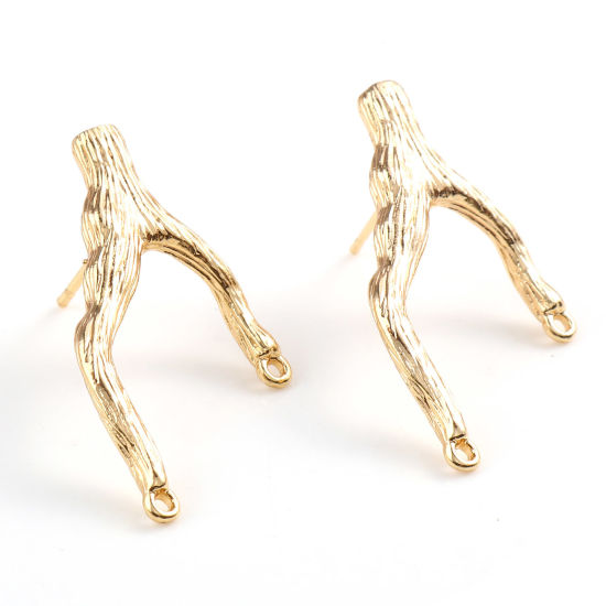 Picture of Brass Ear Post Stud Earrings 18K Real Gold Plated Branch W/ Loop 32mm x 18mm, Post/ Wire Size: (21 gauge), 2 PCs