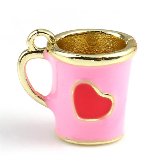 Immagine di Lega di Zinco San Valentino Charms Tazza Oro Placcato Rosa Cuore Smalto 14mm x 13mm , 2 Pz